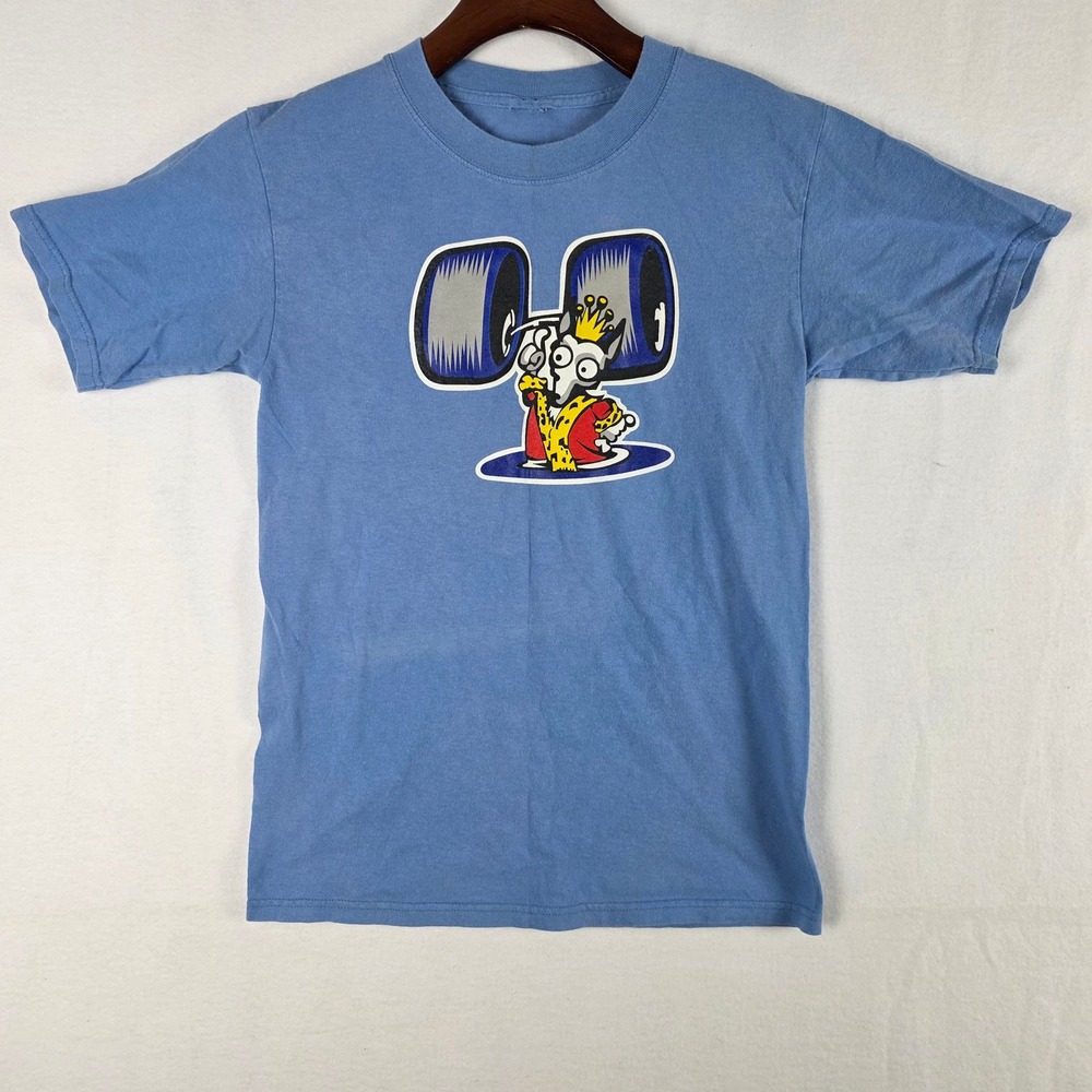 Vintage Blue Cartoon King Character Weightlifting Graphic T-Shirt